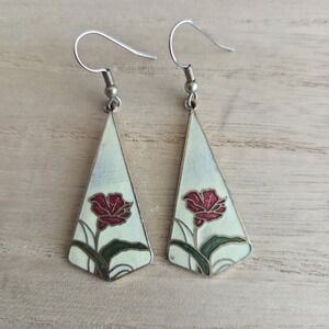 Vintage Enamel Flower Multicolor Cloisonne Floral Gold Tone Long Dangle Earrings
